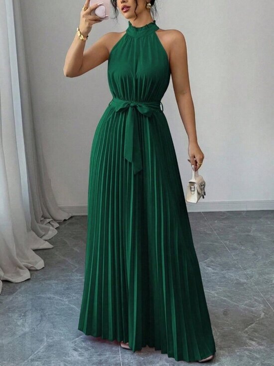 Dresses & Skirts - Dark Green Elegant Women's pleated A-Line Dress
